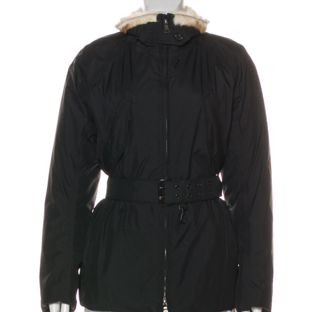 Prada Black Belted Jacket Rabbit Fur Lining